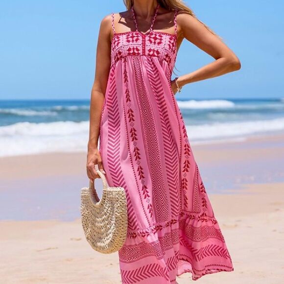 Bohemian Pink and Red Printed Maxi Dress - Picture 7 of 15